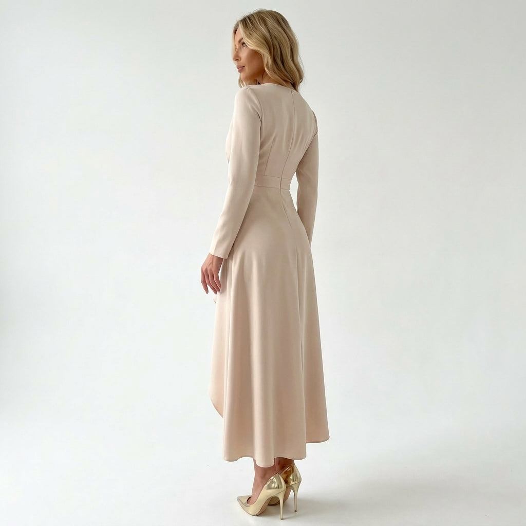 Asymmetric Midi Dress | Elegant V-Neck Empire Waist Style - View 5