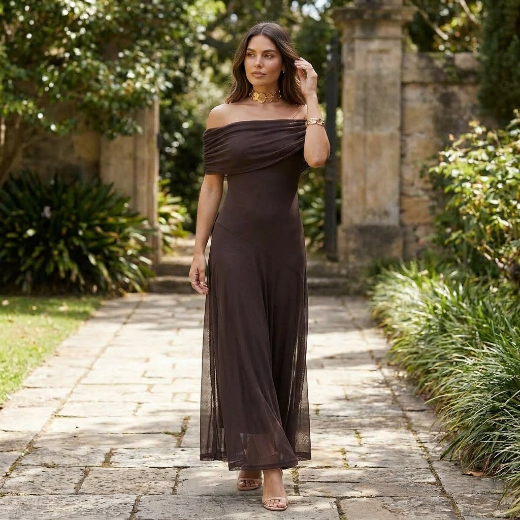 Off-Shoulder Chiffon Maxi Dress | Elegant Flowing Style - View 1