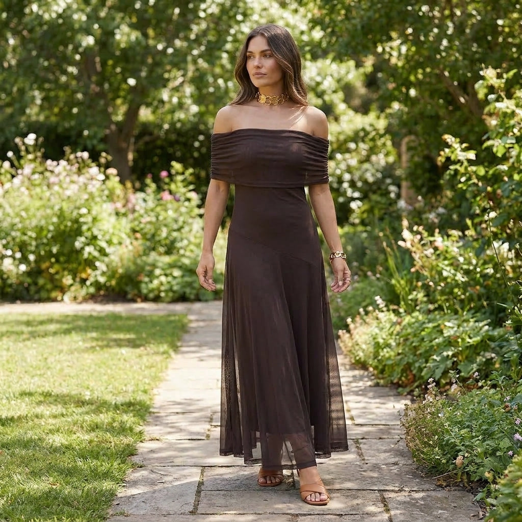Off-Shoulder Chiffon Maxi Dress | Elegant Flowing Style - View 2