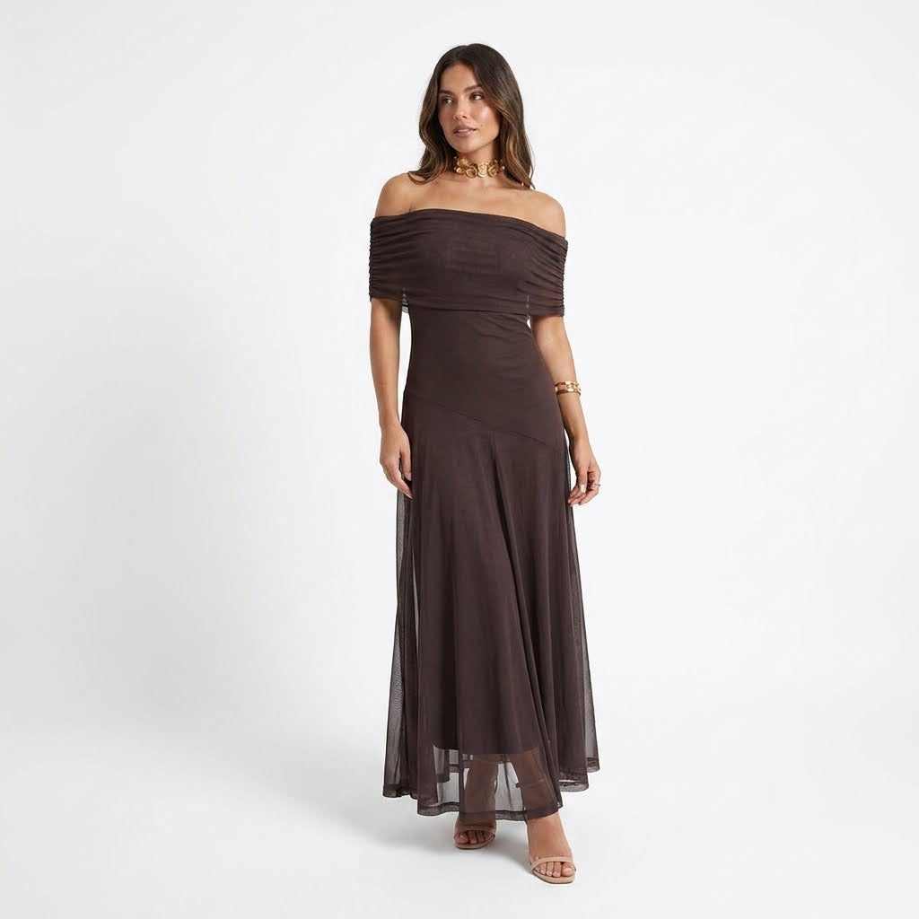 Off-Shoulder Chiffon Maxi Dress | Elegant Flowing Style - View 3
