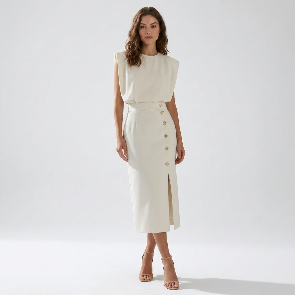 Elegant Tailored Midi Dress | Sleeveless Side Button Style - View 4