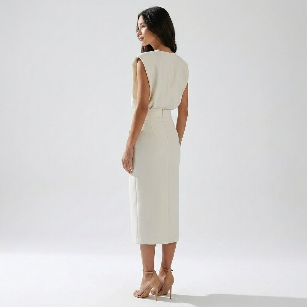 Elegant Tailored Midi Dress | Sleeveless Side Button Style - View 5