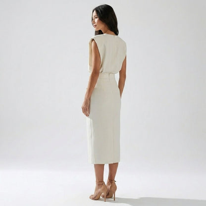 Elegant Tailored Midi Dress | Sleeveless Side Button Style - View 5