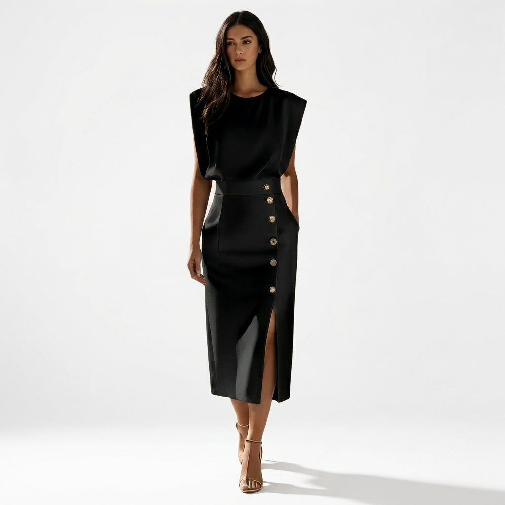 Elegant Tailored Midi Dress | Sleeveless Side Button Style - View 7