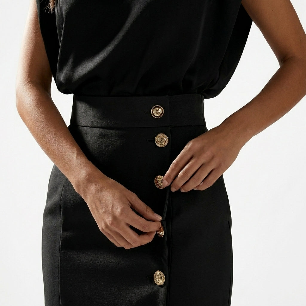 Elegant Tailored Midi Dress | Sleeveless Side Button Style - View 8