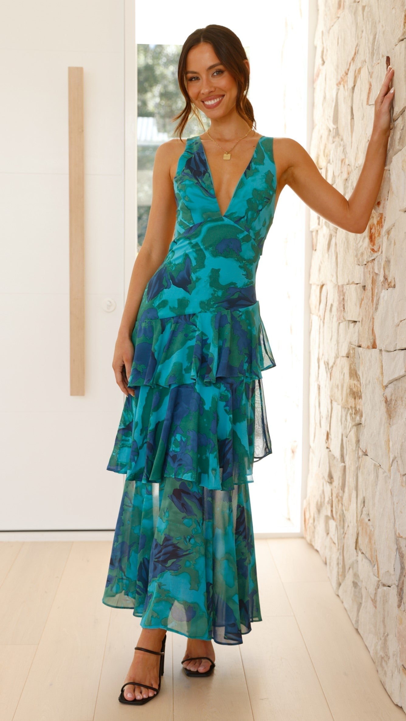 Women's V-Neck Tiered Maxi Dress | Flowing Summer Silhouette - View 2