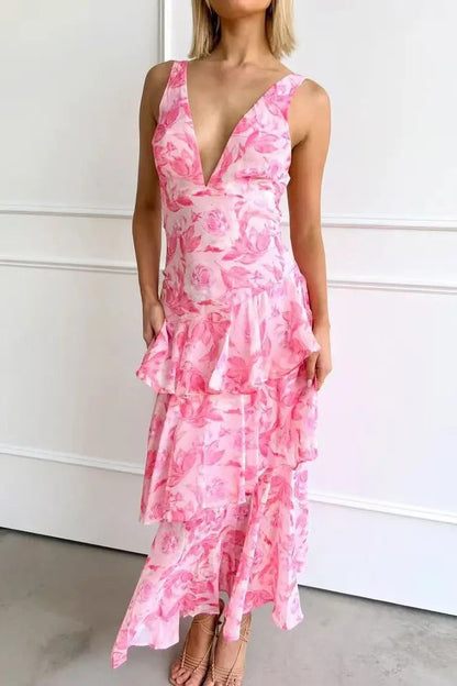Women's V-Neck Tiered Maxi Dress | Flowing Summer Silhouette - View 7