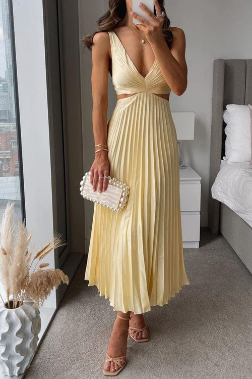 Women's Pleated V-Neck Midi Dress | Elegant Summer Dress - View 1