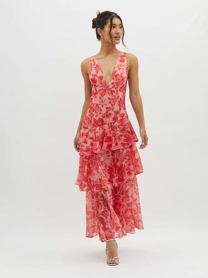 Floral Print Maxi Dress | Flowing Tiered Summer Style - View 2