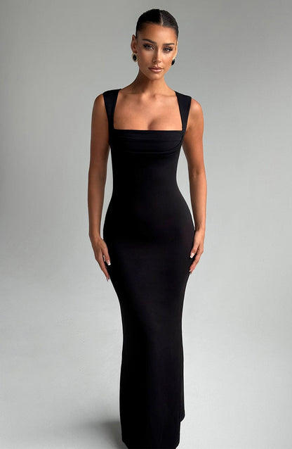Black Square Neck Bodycon Maxi Dress | Elegant Formal Gown - View 1