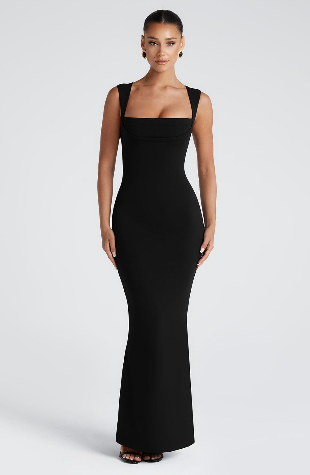 Black Square Neck Bodycon Maxi Dress | Elegant Formal Gown - View 5