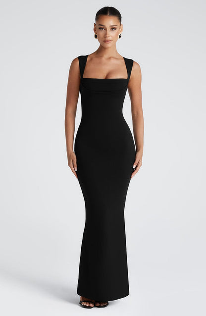 Black Square Neck Bodycon Maxi Dress | Elegant Formal Gown - View 5