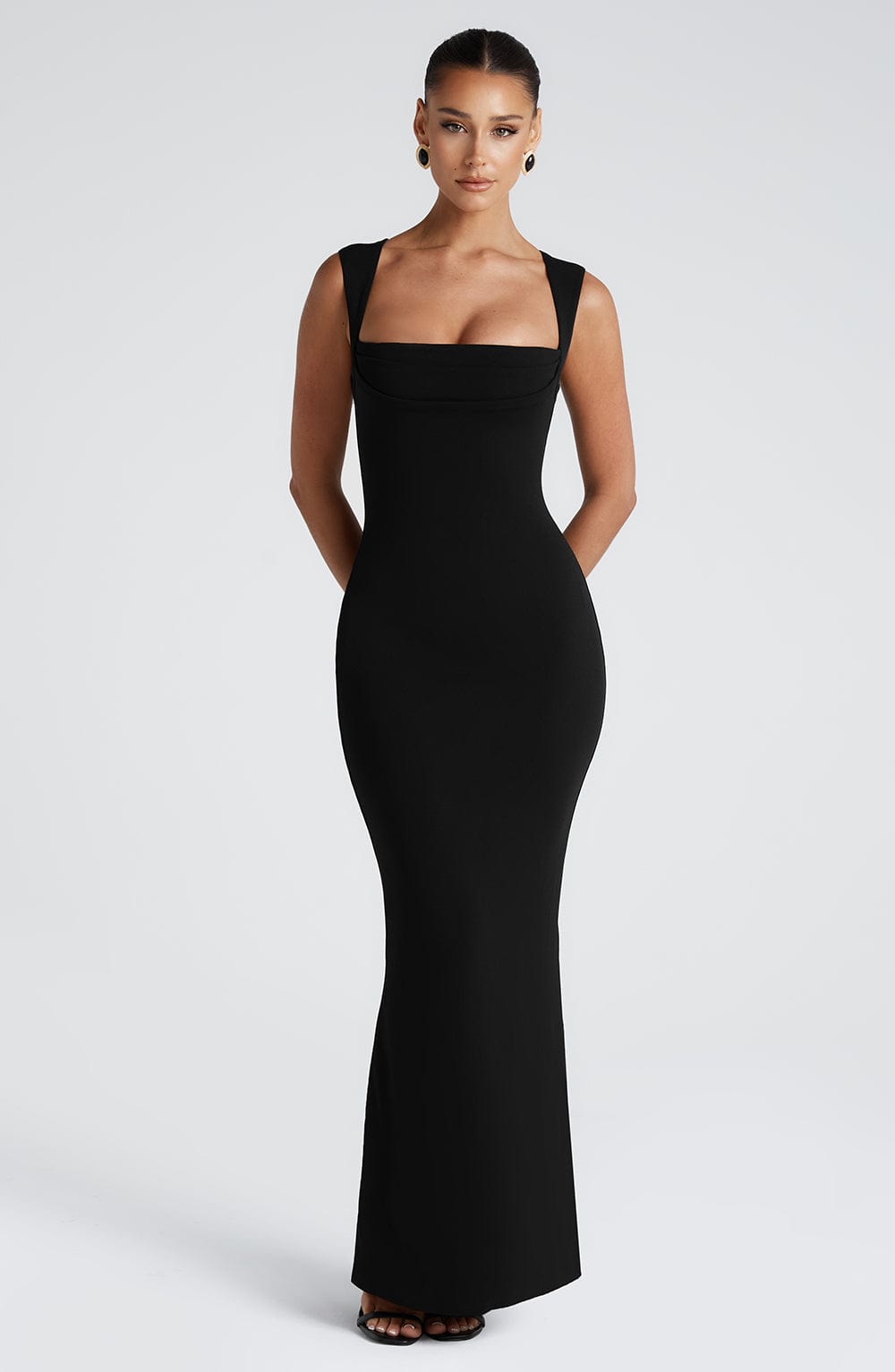Black Square Neck Bodycon Maxi Dress | Elegant Formal Gown - View 7