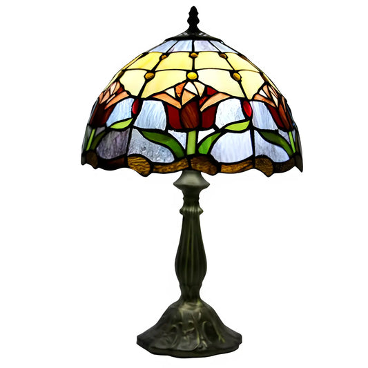 Röd Tiffany-lampa med tulpanformad glasdesign