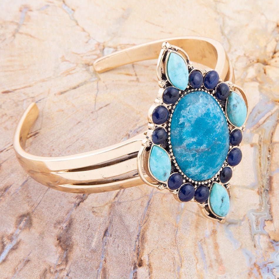 Regal Blau Apatit Gemischte Stein Goldene Manschettenarmbänder