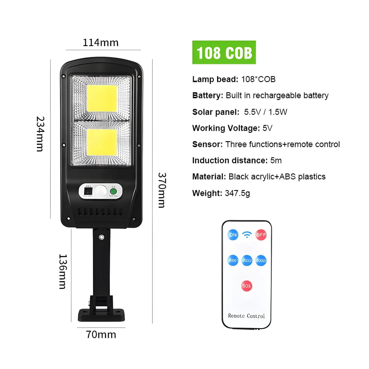 Fjärrstyrd solcells gatulampa med rörelsesensor och LED-ljus