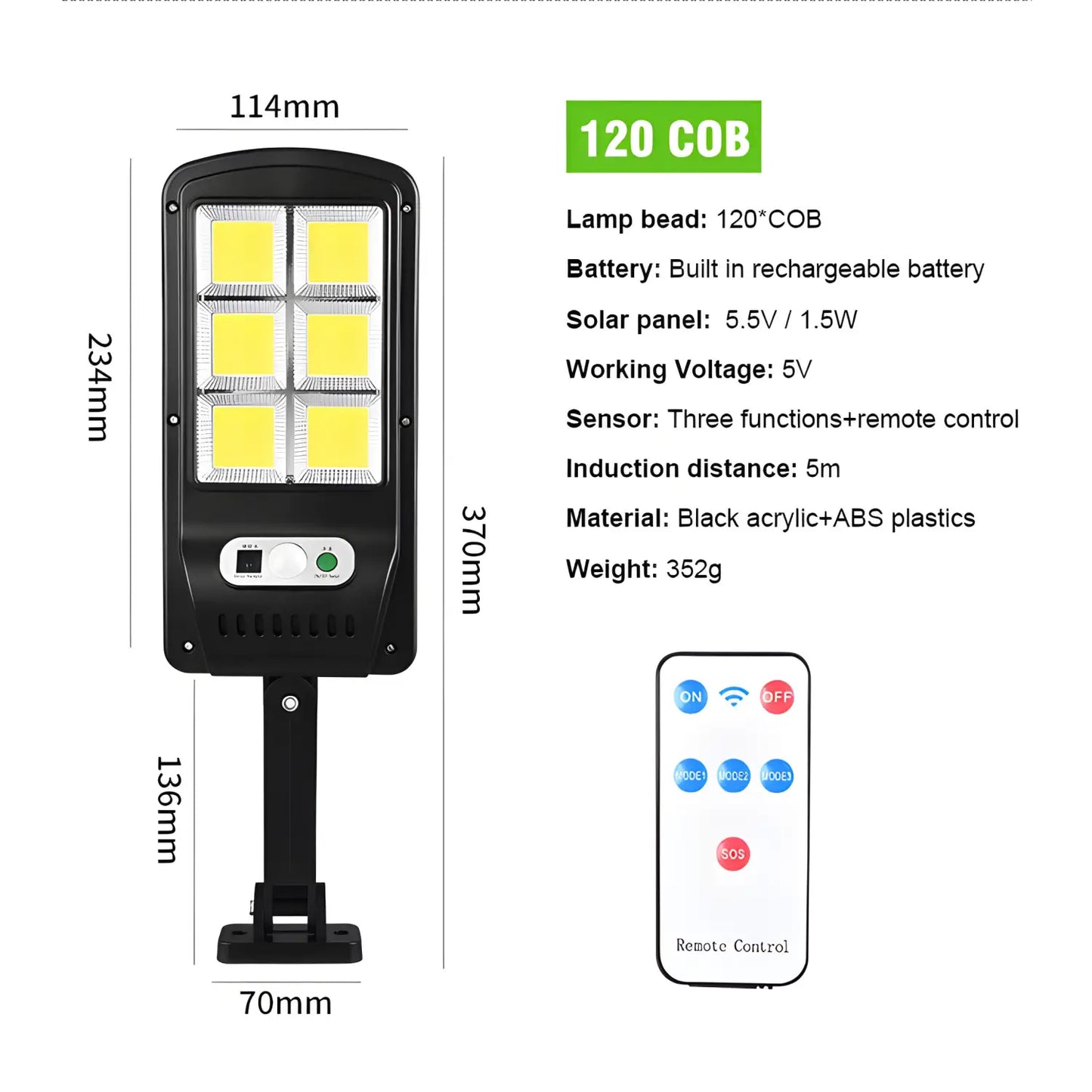 Fjärrstyrd solcells gatulampa med rörelsesensor och LED-ljus