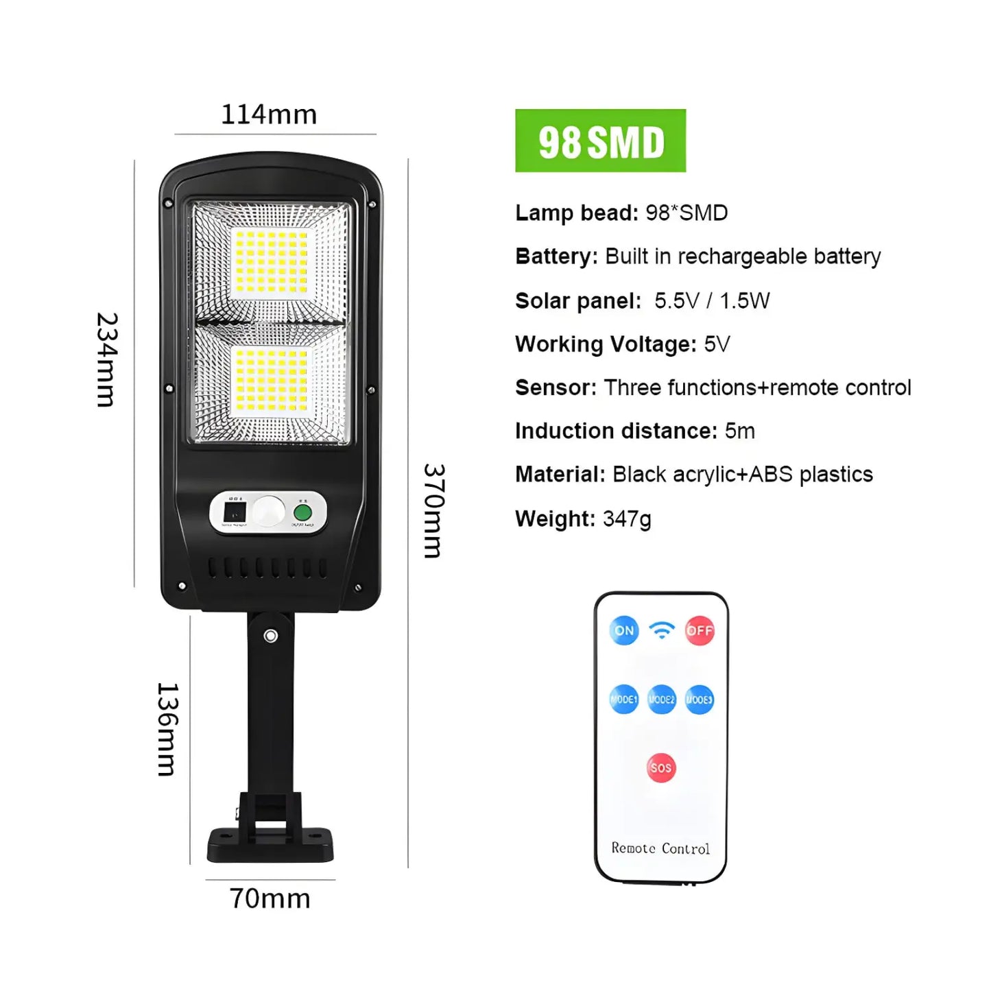 Fjärrstyrd solcells gatulampa med rörelsesensor och LED-ljus