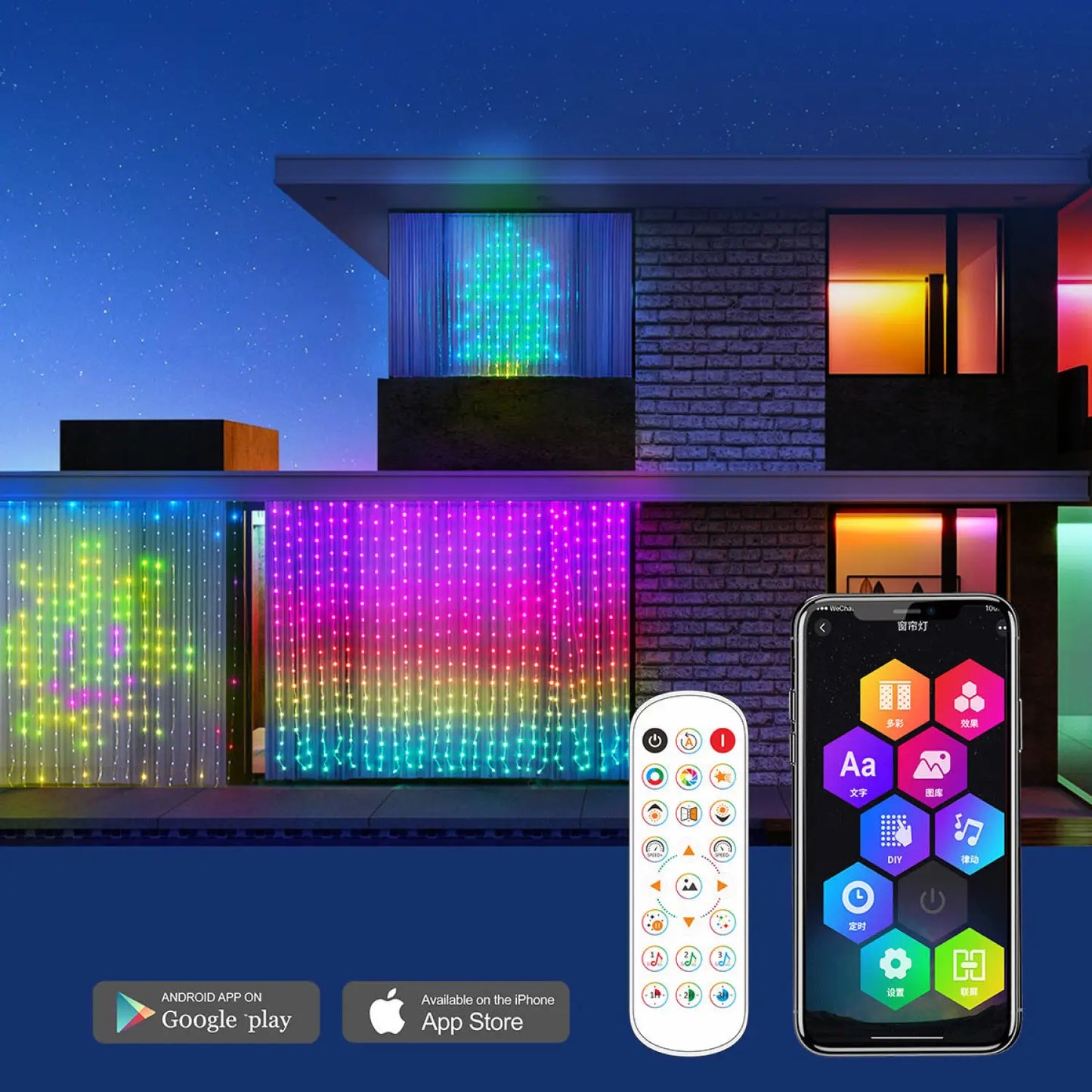 RGB smart ljusslinga för gardin- och festdekoration med appstyrning