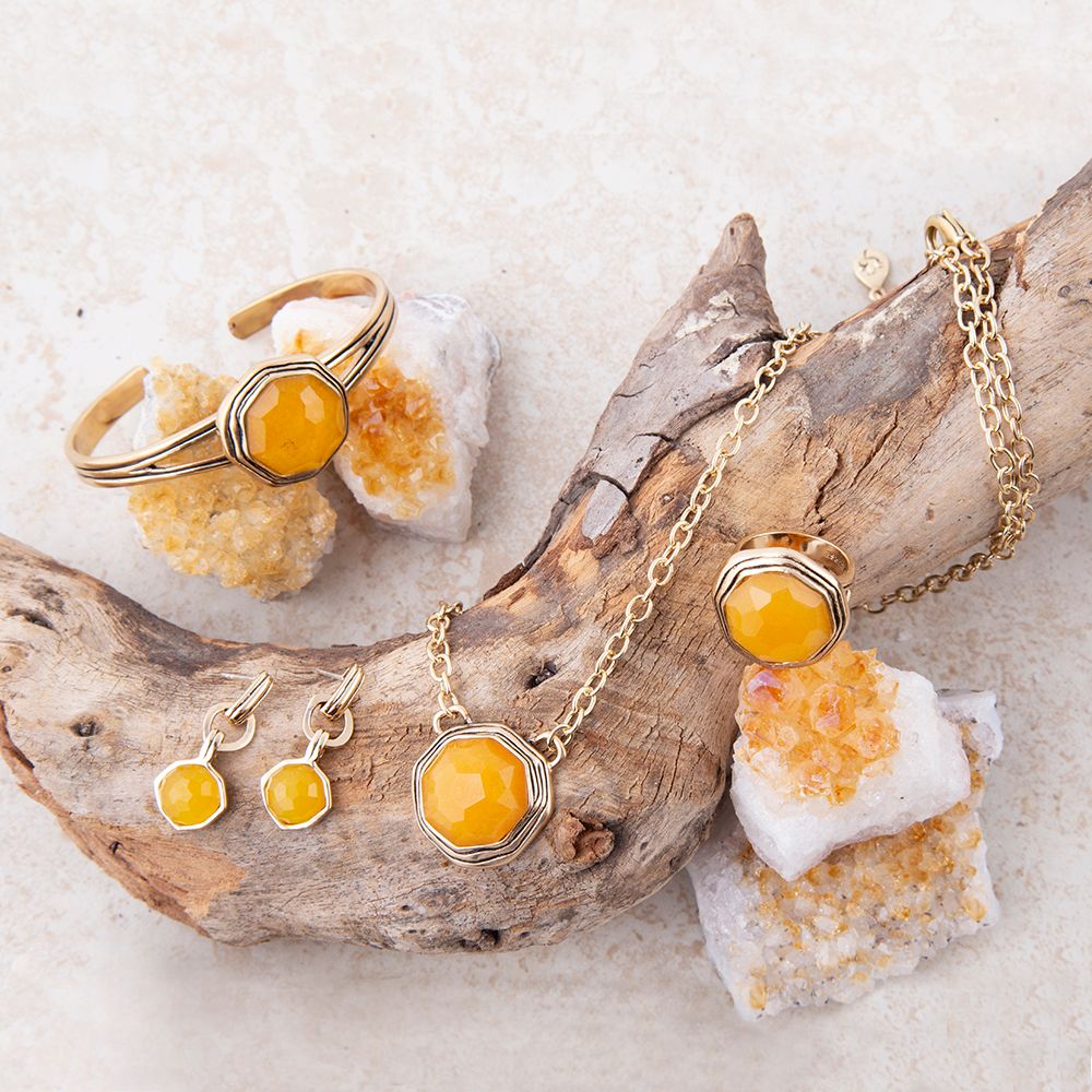 Flusssteine Gelber Quarz und Goldbronze Halskette