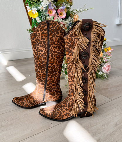 Kozaki Rodeo Doll z frędzlami w panterkę