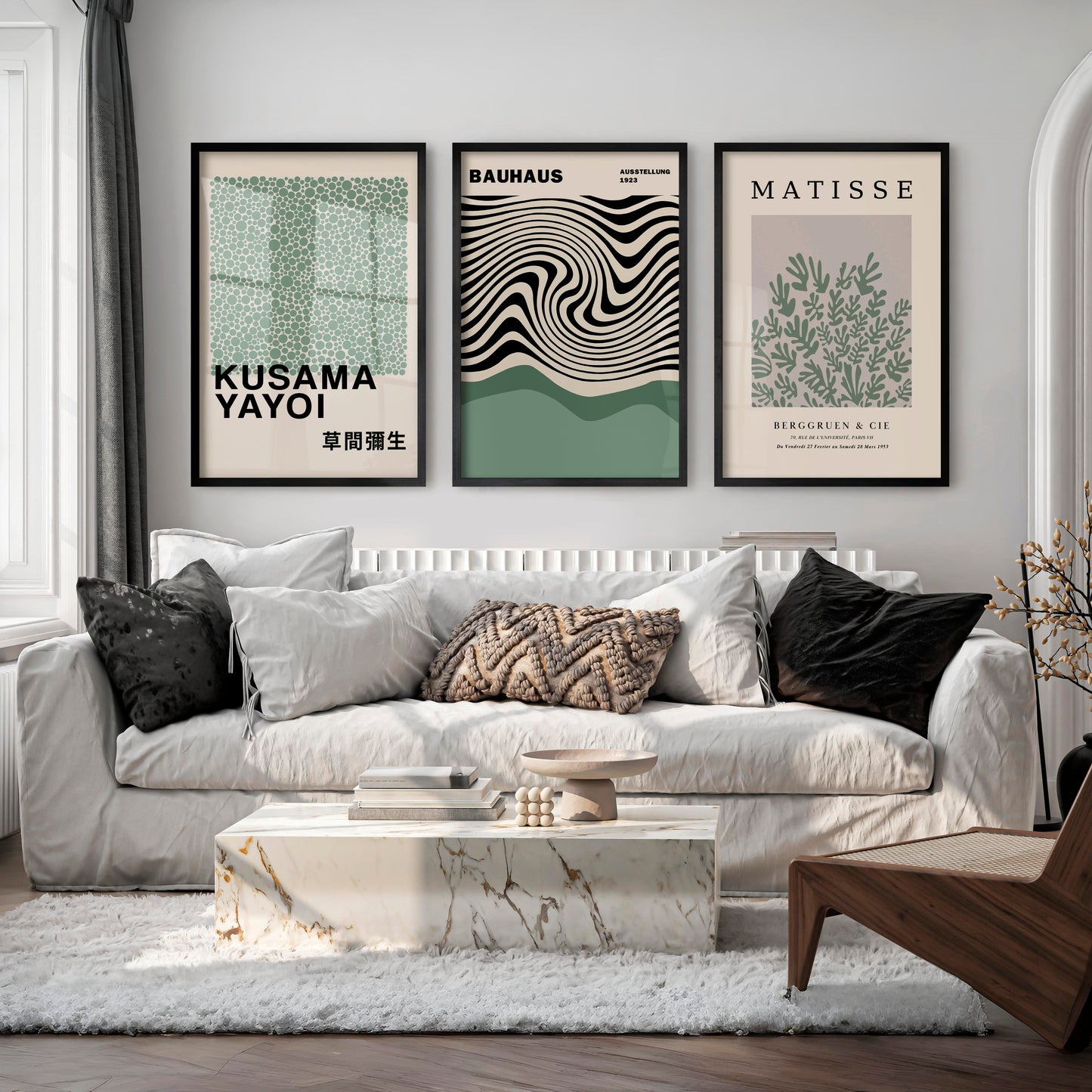 Sage Green Exhibition Art Set of 3 Prints Bauhaus Kusama Matisse