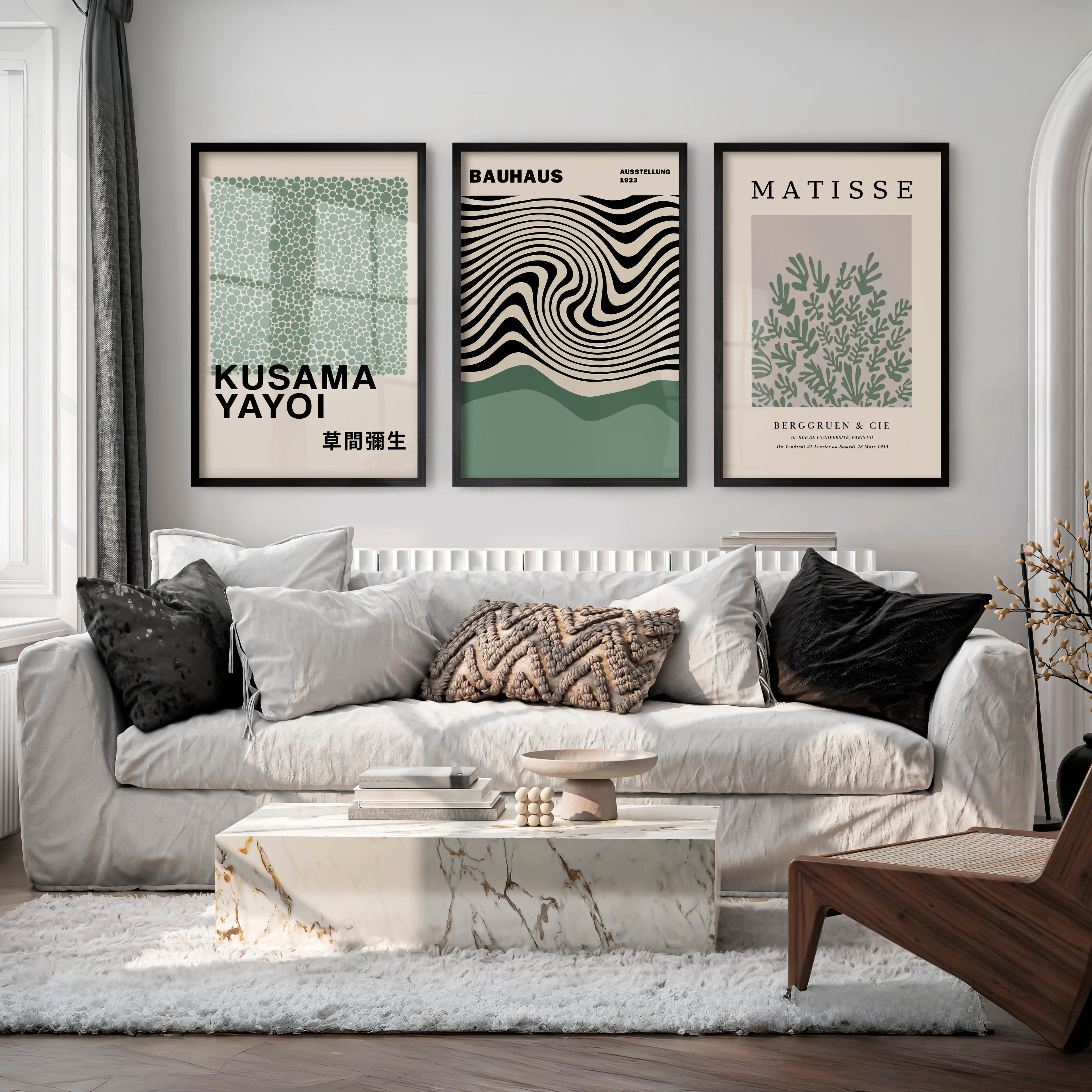 Sage Green Exhibition Art Set of 3 Prints Bauhaus Kusama Matisse