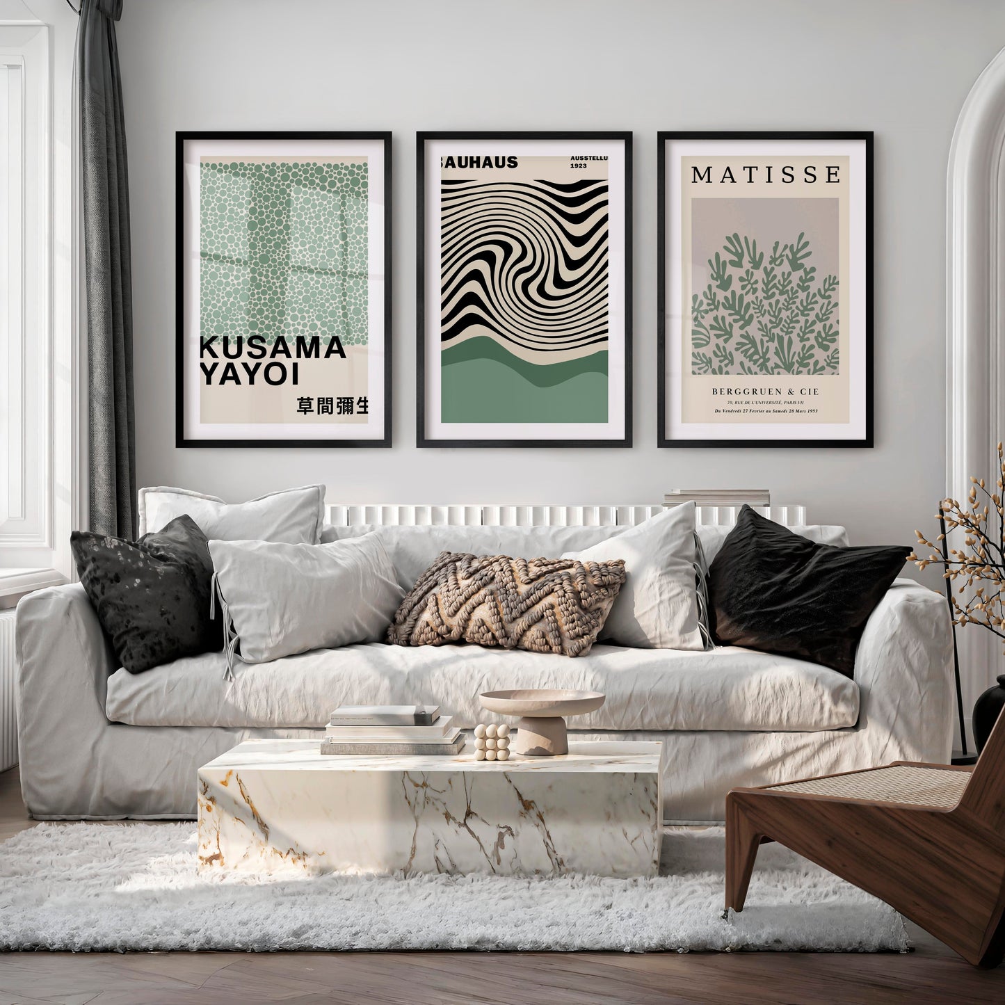 Sage Green Exhibition Art Set of 3 Prints Bauhaus Kusama Matisse
