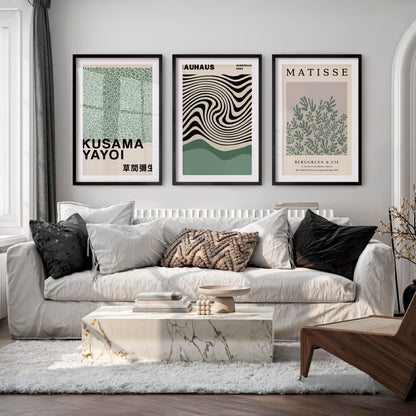 Sage Green Exhibition Art Set of 3 Prints Bauhaus Kusama Matisse