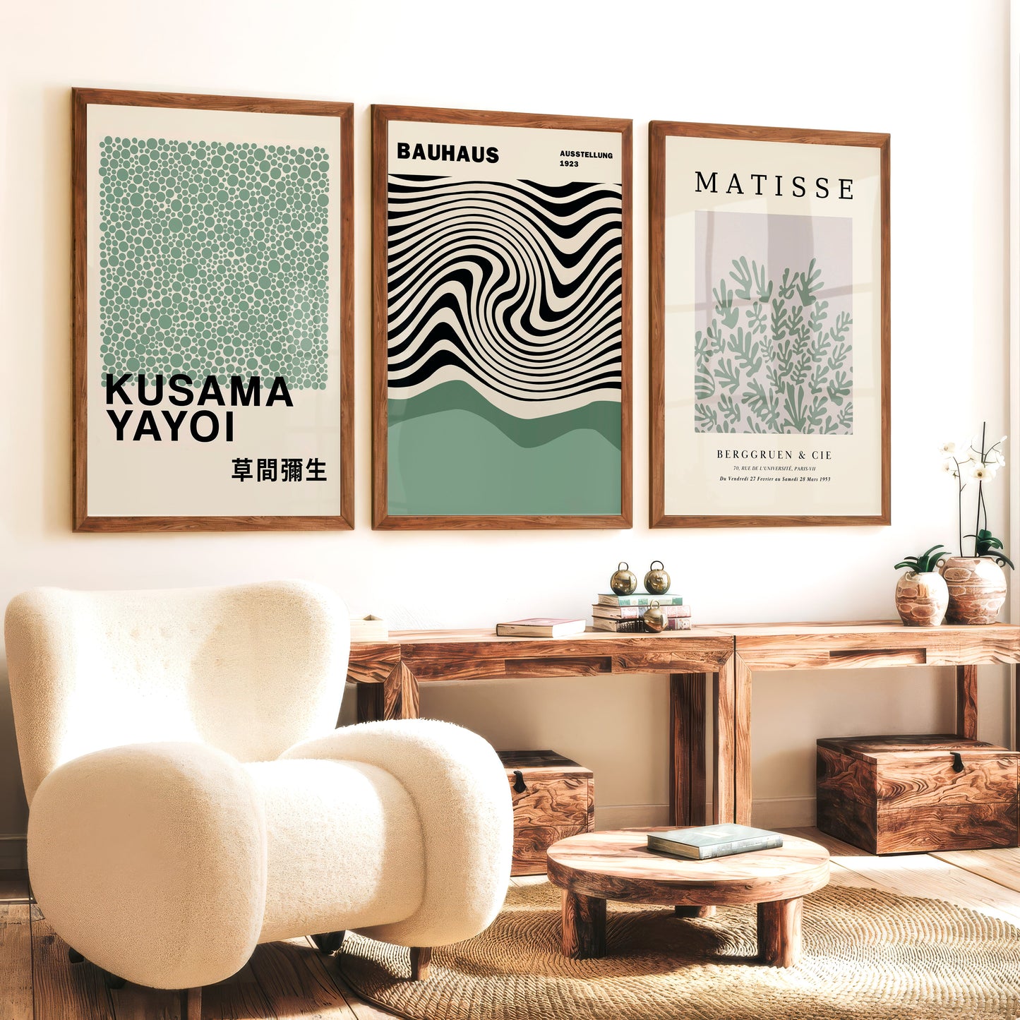 Sage Green Exhibition Art Set of 3 Prints Bauhaus Kusama Matisse