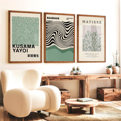 Sage Green Exhibition Art Set of 3 Prints Bauhaus Kusama Matisse