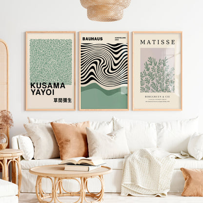 Sage Green Exhibition Art Set of 3 Prints Bauhaus Kusama Matisse