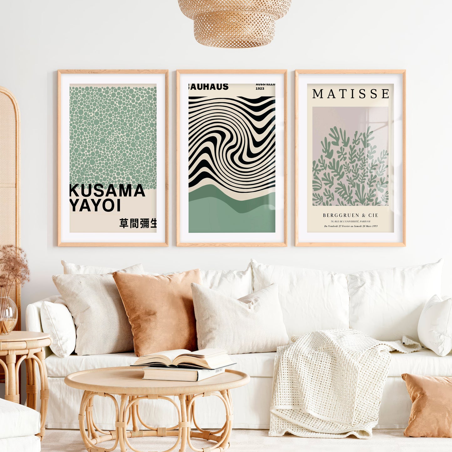 Sage Green Exhibition Art Set of 3 Prints Bauhaus Kusama Matisse