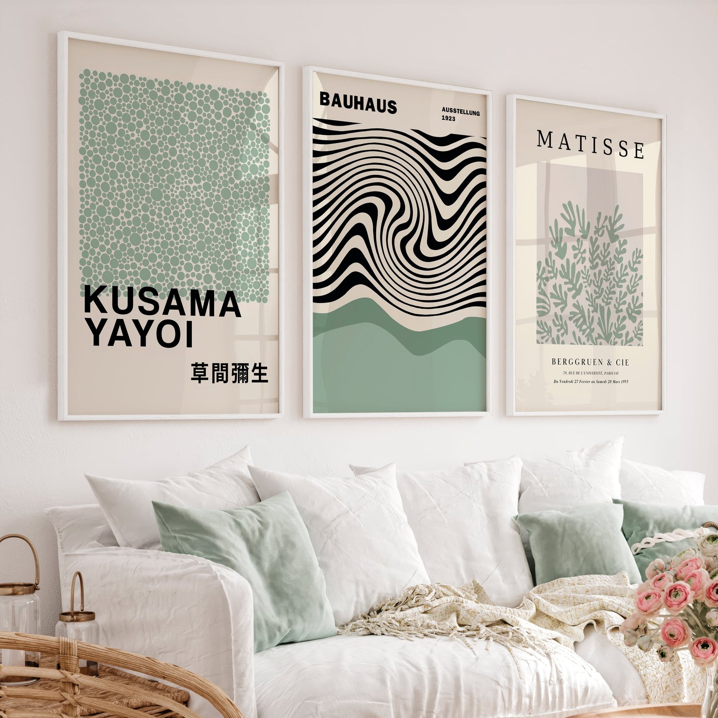 Sage Green Exhibition Art Set of 3 Prints Bauhaus Kusama Matisse