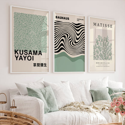 Sage Green Exhibition Art Set of 3 Prints Bauhaus Kusama Matisse