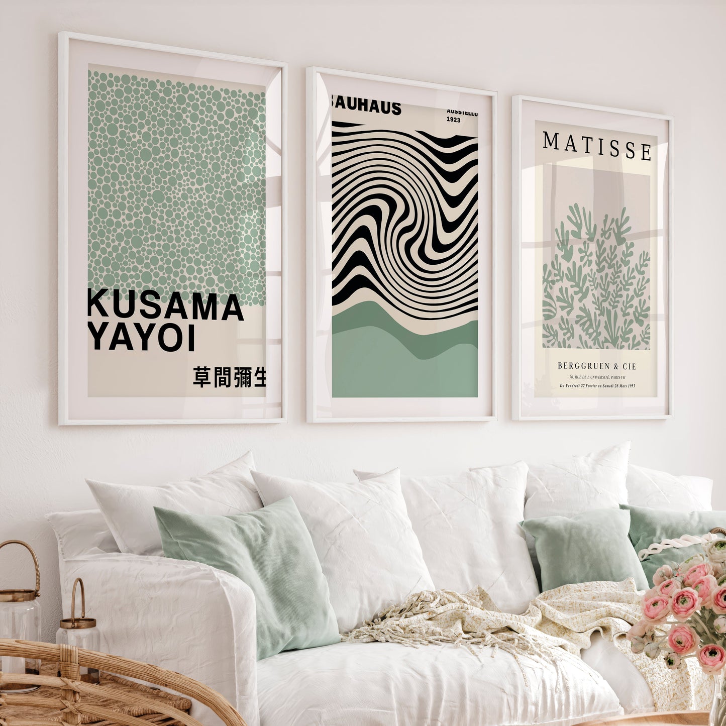Sage Green Exhibition Art Set of 3 Prints Bauhaus Kusama Matisse