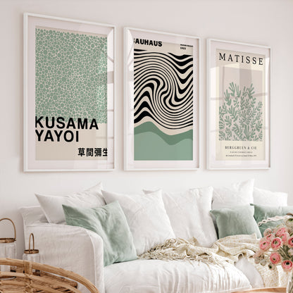 Sage Green Exhibition Art Set of 3 Prints Bauhaus Kusama Matisse