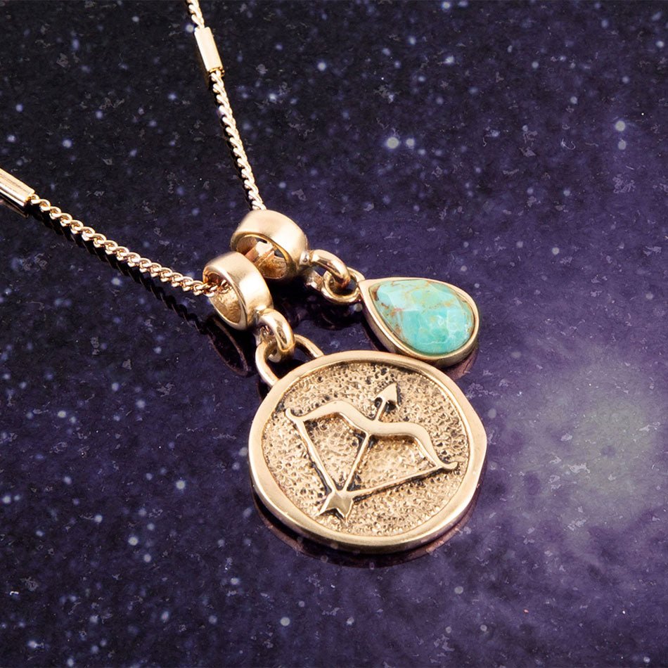 Sagittarius - Zodiakalny niebieski turkusowy złoty naszyjnik z zawieszką