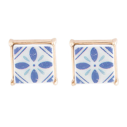 Santorini Dreams Blue and White Tile Post Stud Golden Earrings