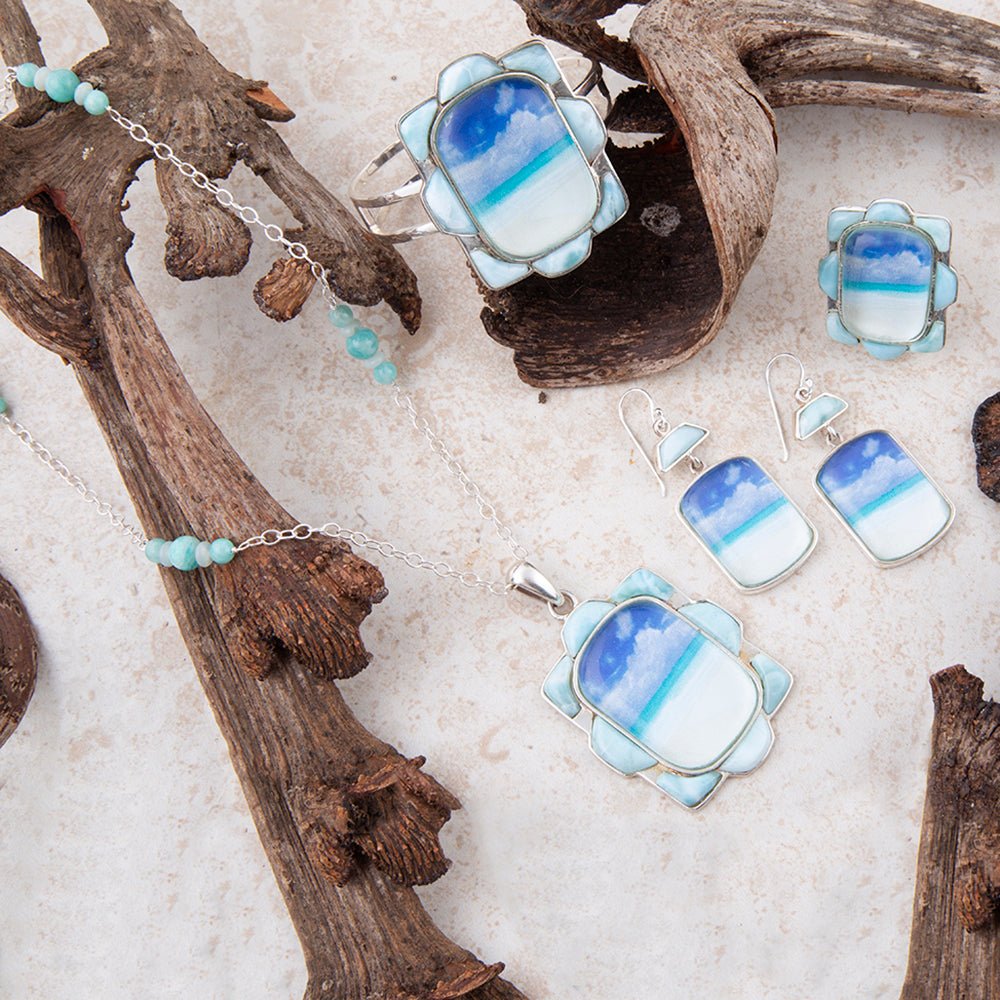 Collana con pendente in larimar blu spiaggia scenica e argento sterling