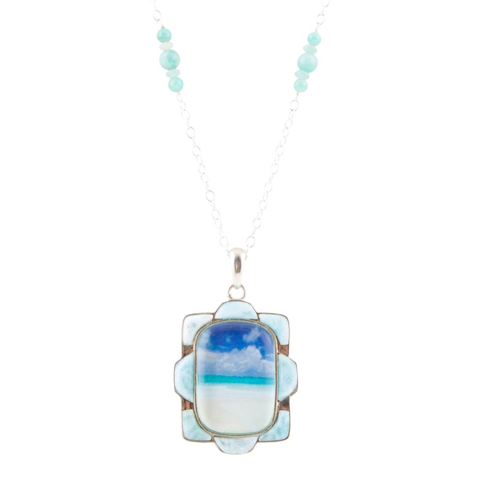 Collana con pendente in larimar blu spiaggia scenica e argento sterling