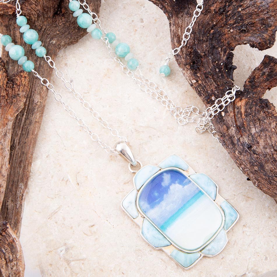 Collana con pendente in larimar blu spiaggia scenica e argento sterling