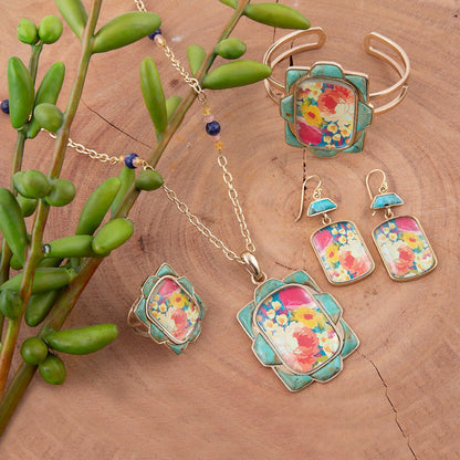 Scenic Floral Blue Turquoise Golden Ring