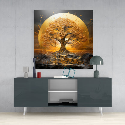 Gylden Blomstrende Livets Træ Solskive Glasvægkunst