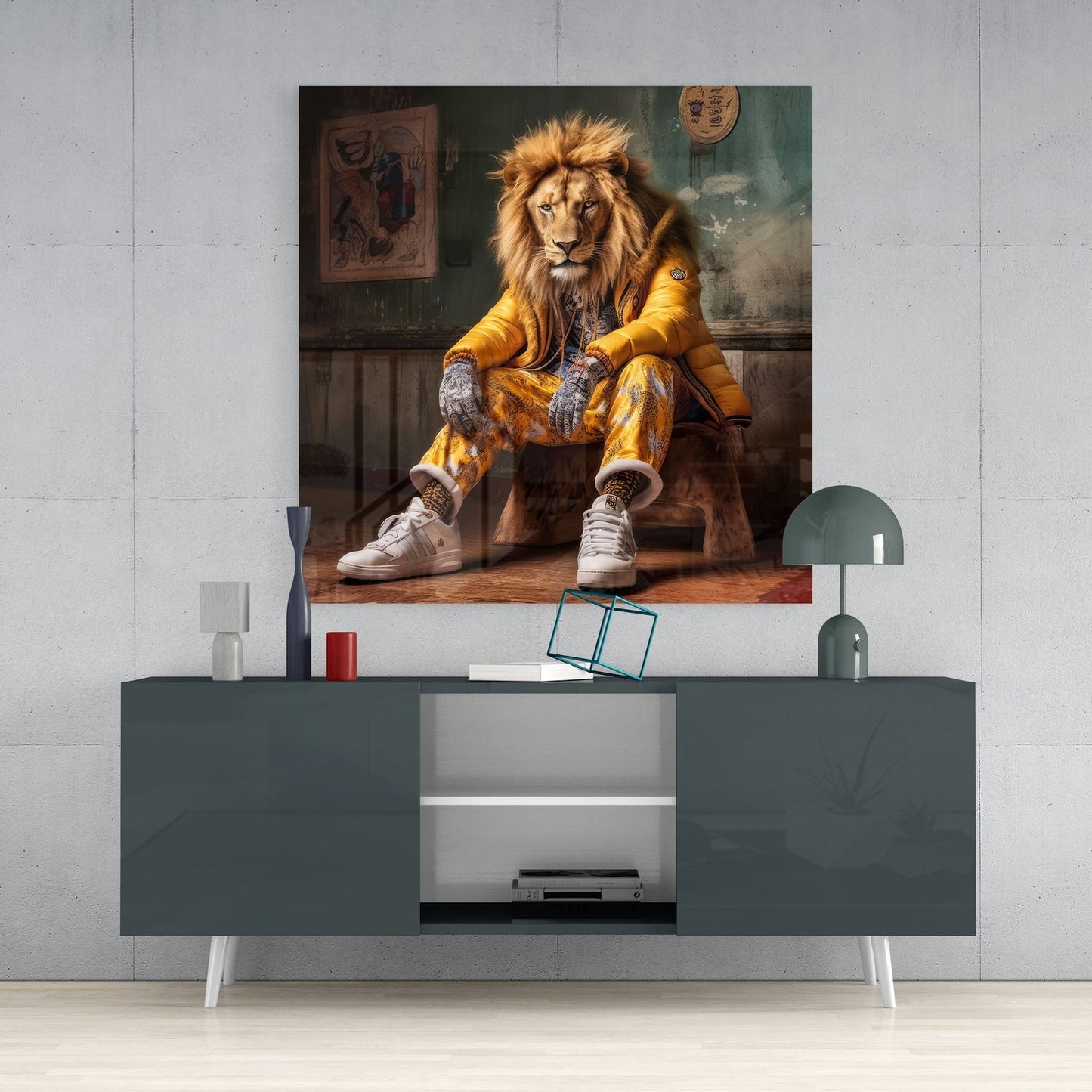 Lion en veste matelassée jaune baskets art mural en verre