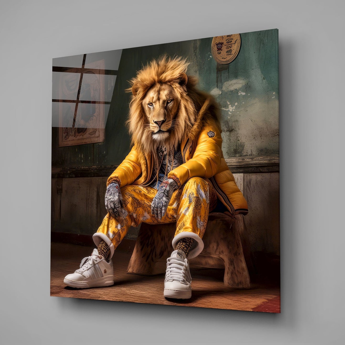 Lion en veste matelassée jaune baskets art mural en verre