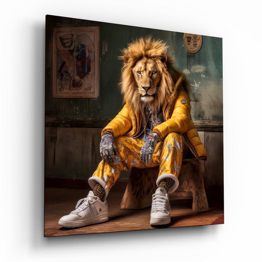 León en chaqueta acolchada amarilla Zapatillas Arte en pared de vidrio