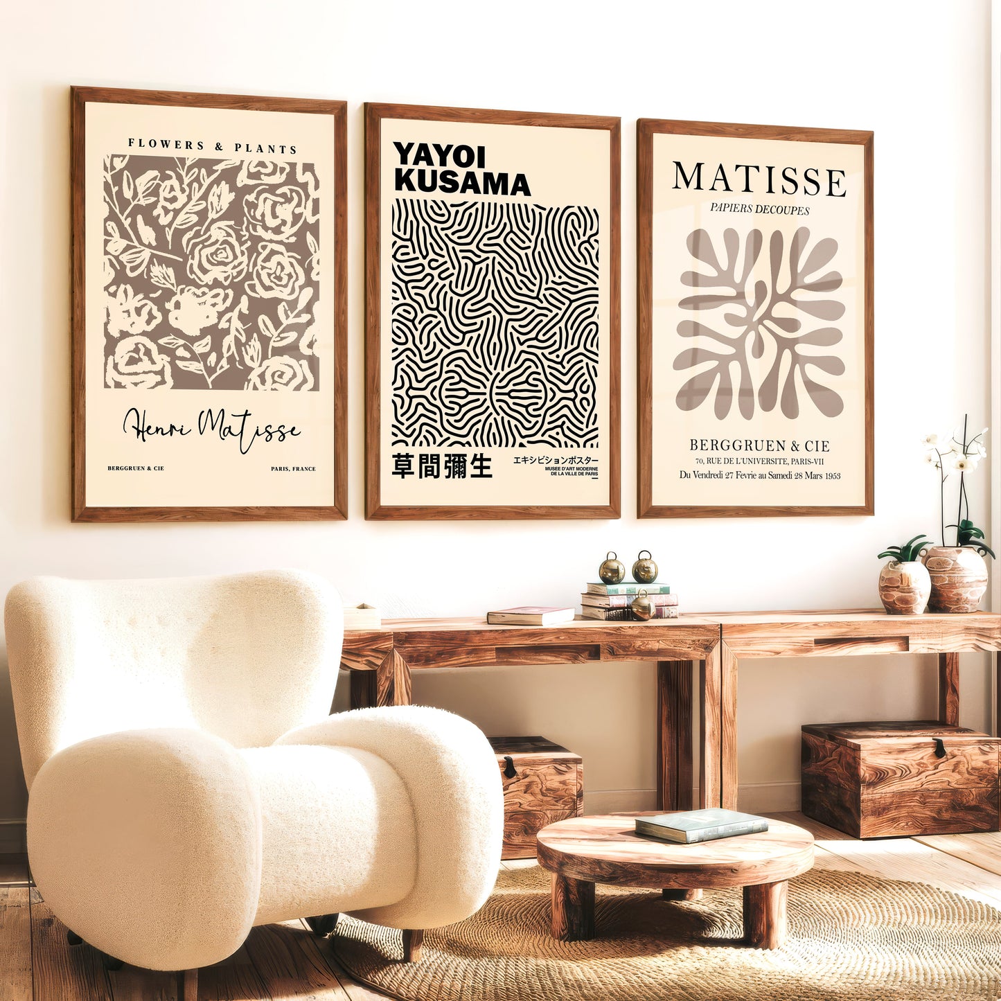 Set of 3 Pastel Beige Prints Henri Matisse and Yayoi Kusama