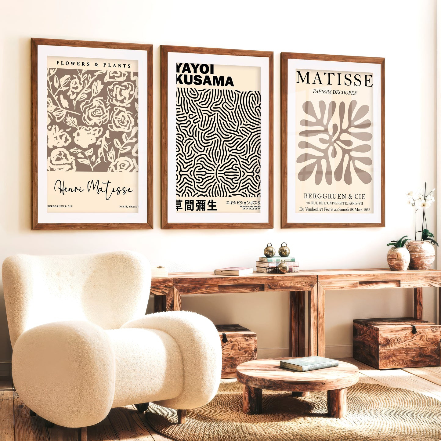 Set of 3 Pastel Beige Prints Henri Matisse and Yayoi Kusama