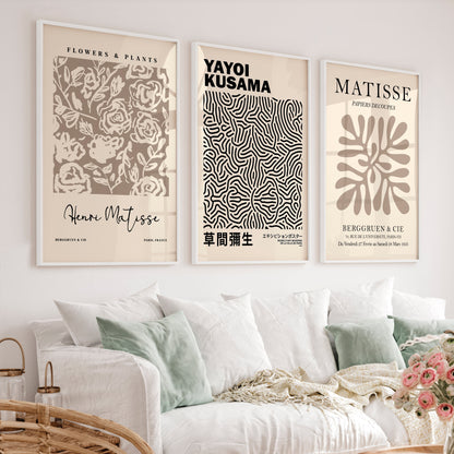 Set of 3 Pastel Beige Prints Henri Matisse and Yayoi Kusama